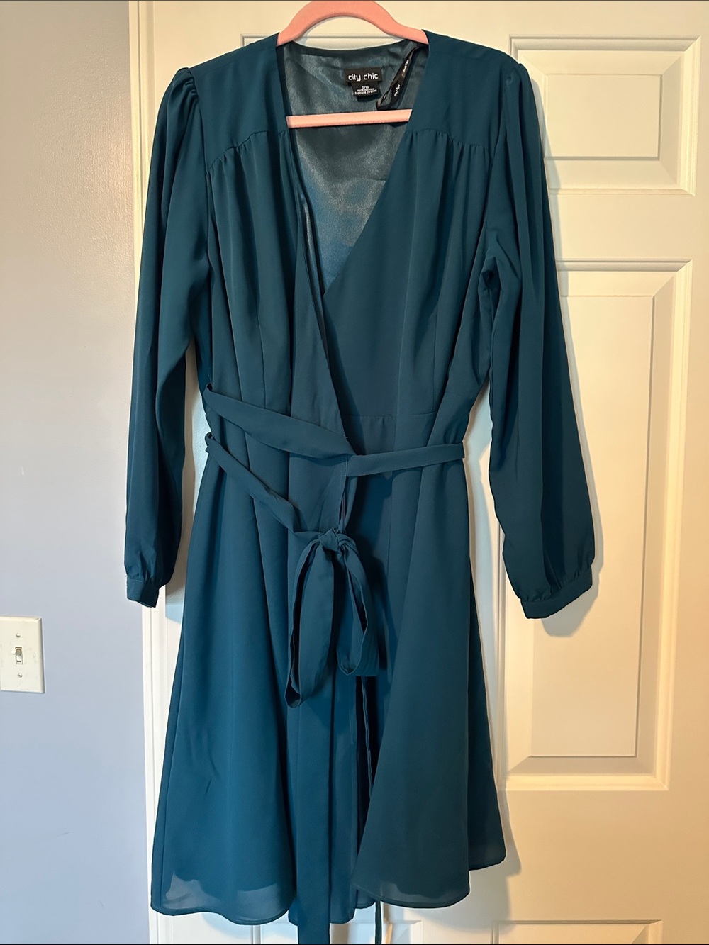 City Chic Teal/green Long Sleeve Wrap Dress with Self Tie
